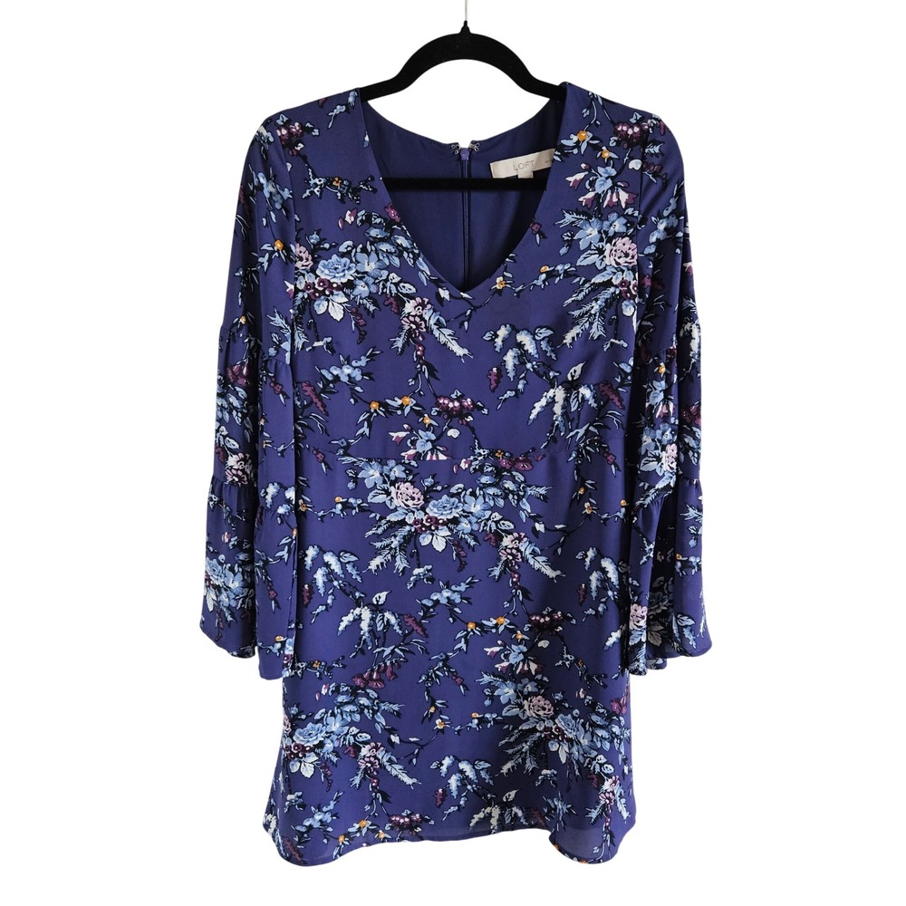 LOFT Petites Purple Floral Tiered Bell Sleeve V-Neck Shift Dress 4P Boho